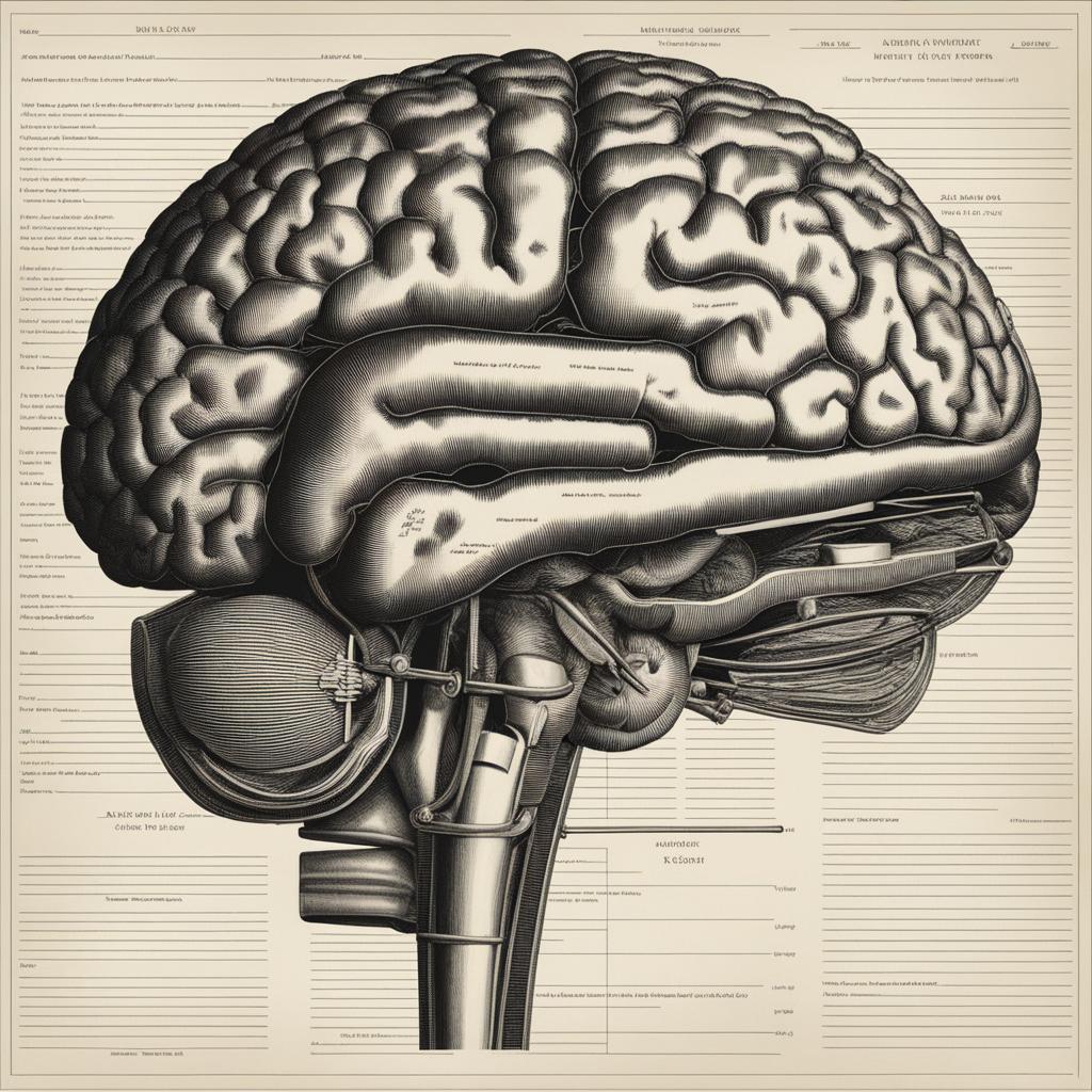 brain clip art - an anatomical brain illustration, on the pages of a neuroscience researcher's laboratory 