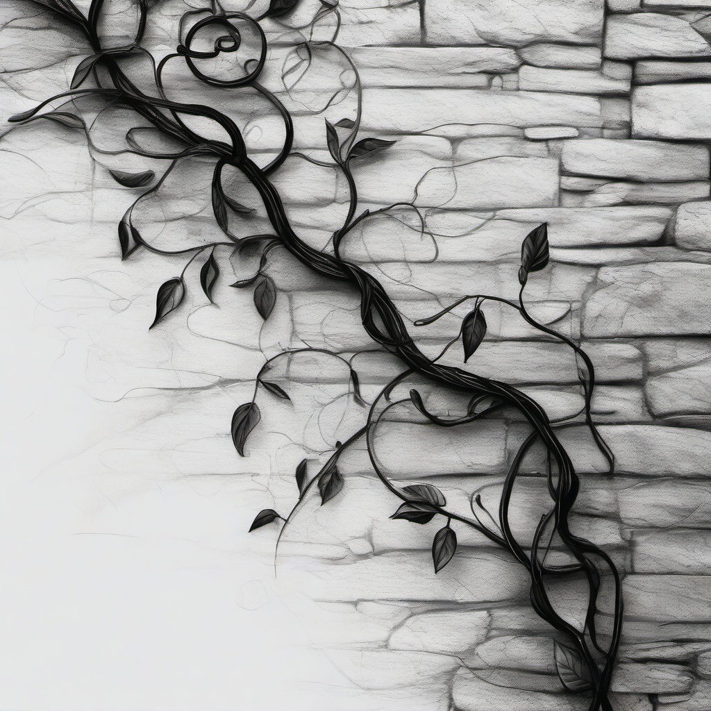 drawing of a vine on a stone wall  minimal rough sketch scribbles,doodles,black and white