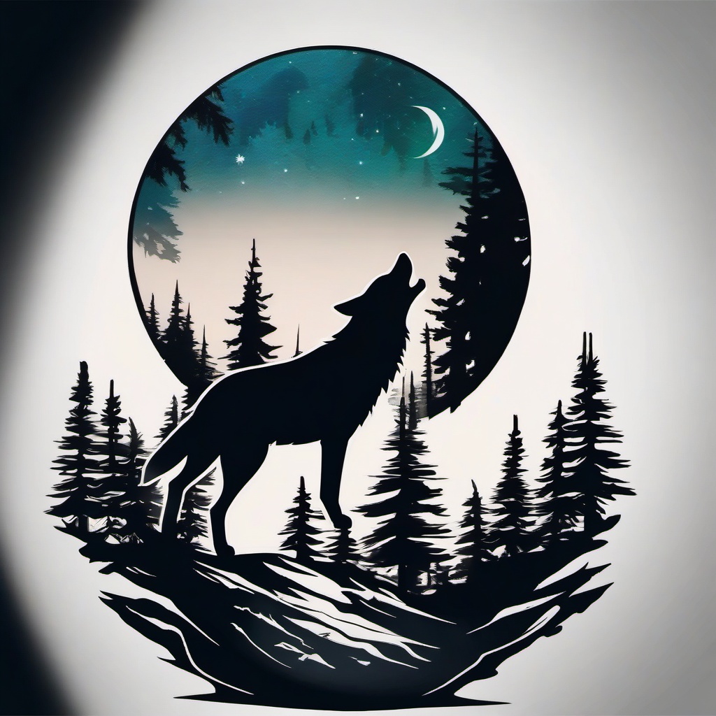 silhouette wolf forest tattoo  simple color tattoo,white background