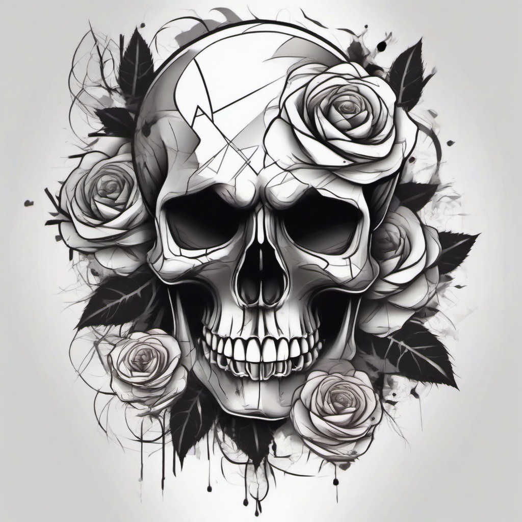 Skull with abstract rose black and grey for full thigh male tattoo  ,tattoo design, white background