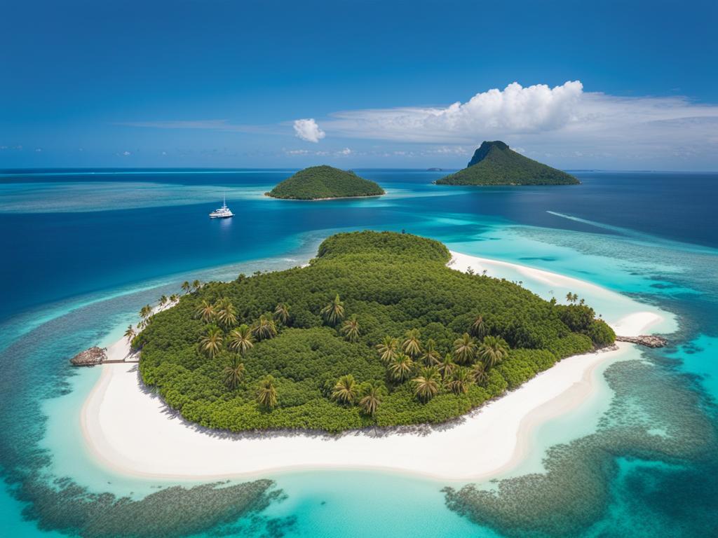 tropical island, surrounded by lush vegetation, exotic wildlife, and turquoise waters. 