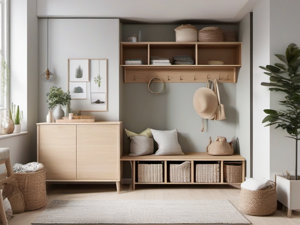 Scandinavian entryway blends light wood furniture, soft textiles, and functional storage, offering a bright and organized atmosphere for daily use.  