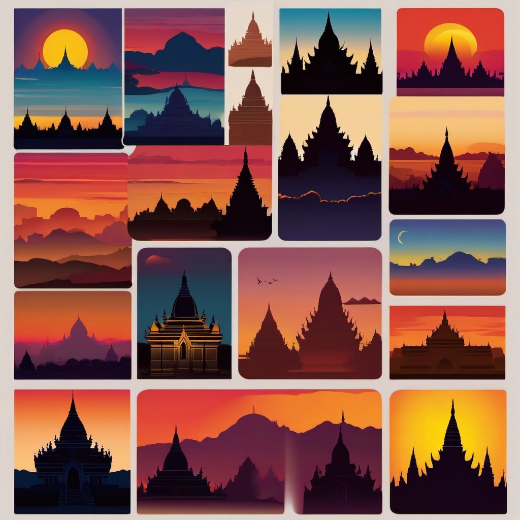 Bagan Temples Sunset sticker- Temples of Bagan silhouetted against a colorful sunset in Myanmar, , sticker vector art, minimalist design