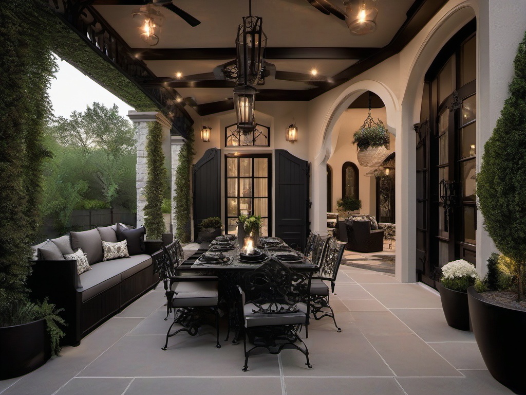 The outdoor patio embraces Gothic interior design with wrought iron furniture, dark planters, and dramatic lighting that create an elegant and inviting space for gatherings under the stars.  