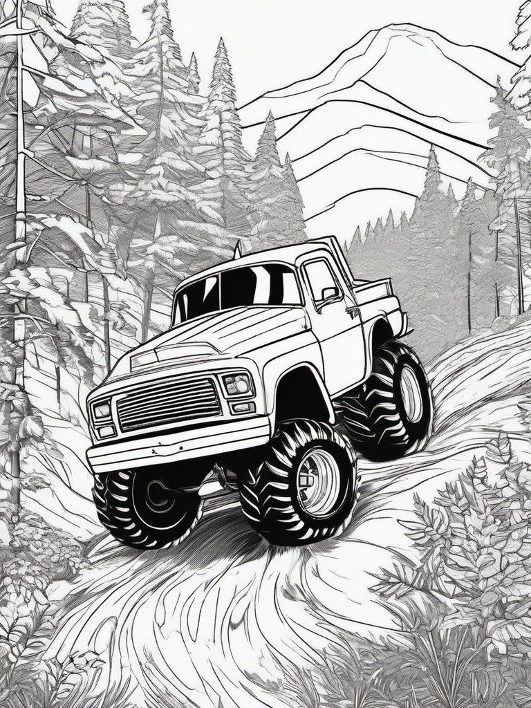 Monster Truck Charging Through Forest Coloring Pages - Trucks Blazing Through Wooded Paths  minimal black outline printable sheet, coloring page