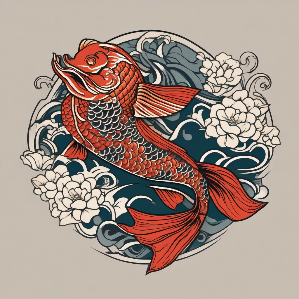 Japanese Koi Carp Tattoo-Intricate and symbolic tattoo featuring a Japanese Koi carp, symbolizing perseverance and strength.  simple color vector tattoo