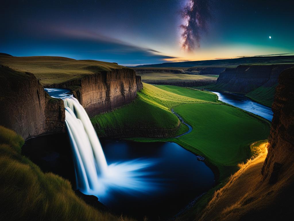 palouse falls - illustrate the mesmerizing night view of palouse falls, where moonlight accentuates the dramatic waterfall in the heart of the palouse region. 