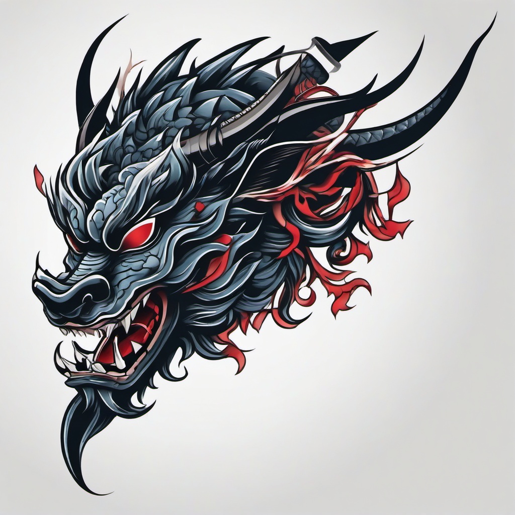 Oni Mask Dragon Tattoo - Tattoo incorporating the Oni mask with a dragon motif.  simple color tattoo,white background,minimal