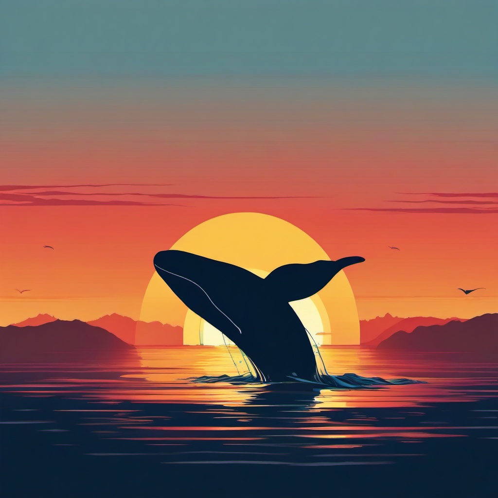 Whale clipart - silhouette of a whale at sunset  color,minimalist,vector clipart