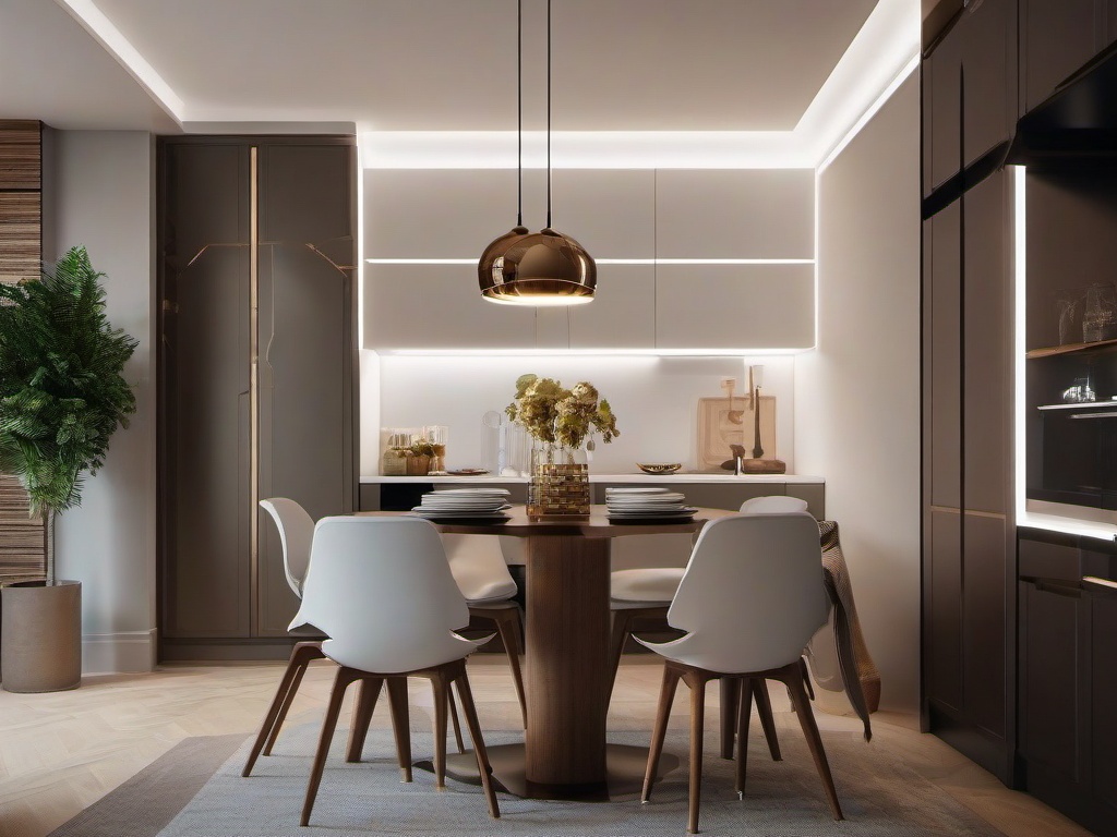 The dining nook features High Tech interior design with a compact table, modern chairs, and smart lighting that create a cozy yet tech-savvy space for meals.  