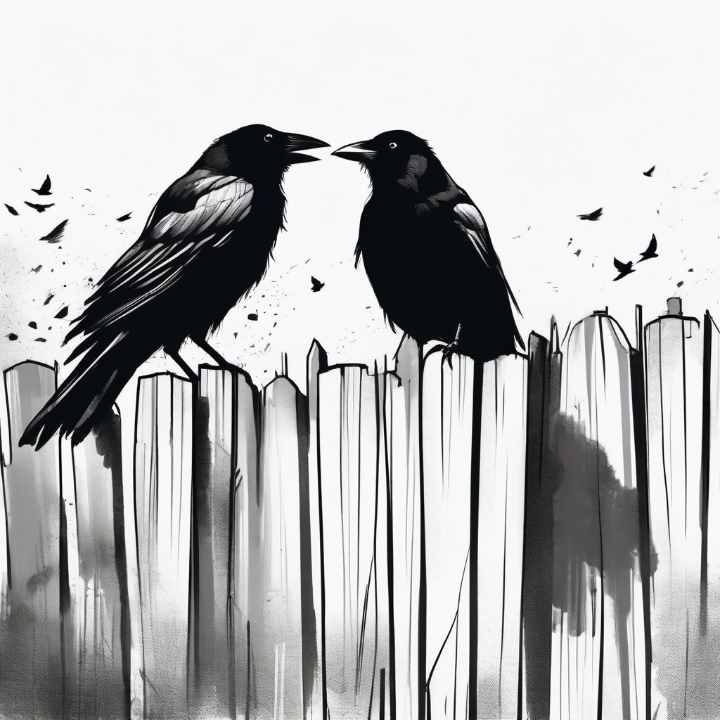 drawing of crows on a fence  minimal rough sketch scribbles,doodles,black and white