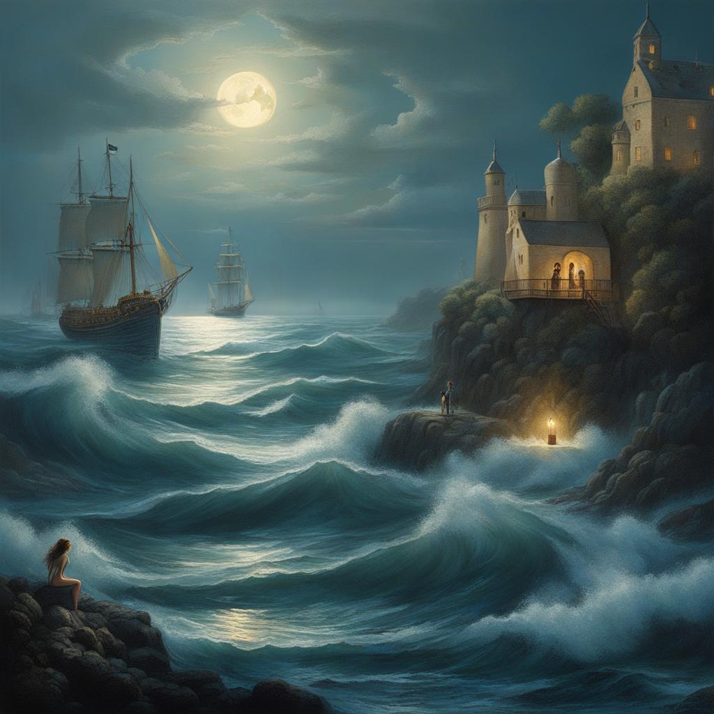 craft a fantastical seascape with mermaids guiding ships by moonlight. 