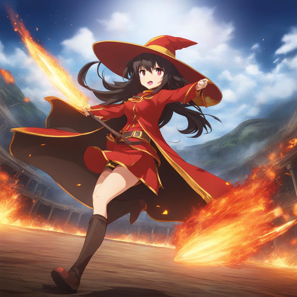 megumin - unleashes fiery explosions in a volcanic arena, creating a dazzling spectacle. 