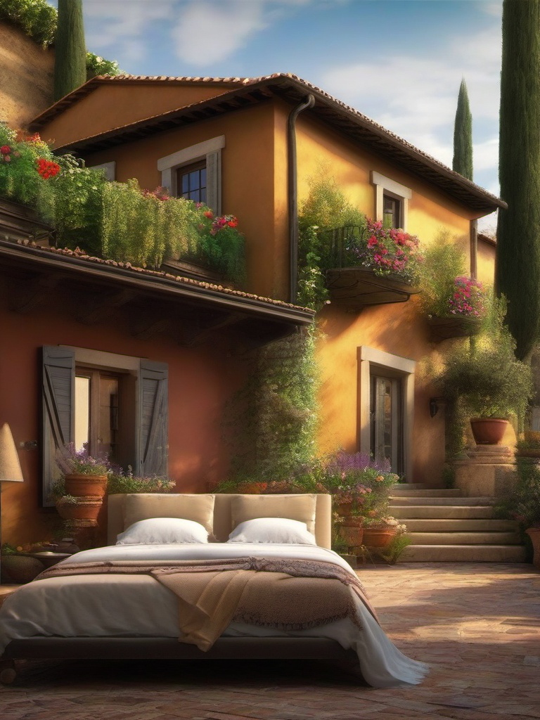 Tuscan Countryside Haven - Transport your bedroom to the charming Tuscan countryside. , bedroom interior decor design ideas, multicoloured, photo realistic, hyper detail, high resolution,