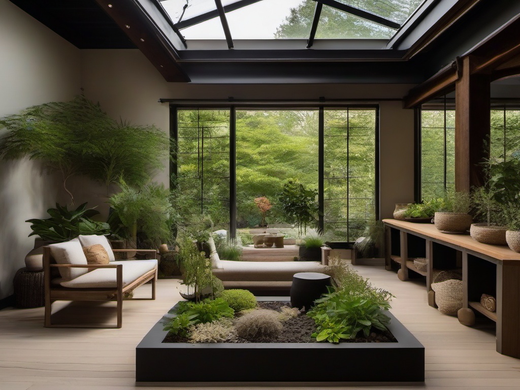 The garden room showcases Wabi Sabi interior design with organic planters, rustic decor, and a focus on natural light that brings character and warmth to indoor gardening.  