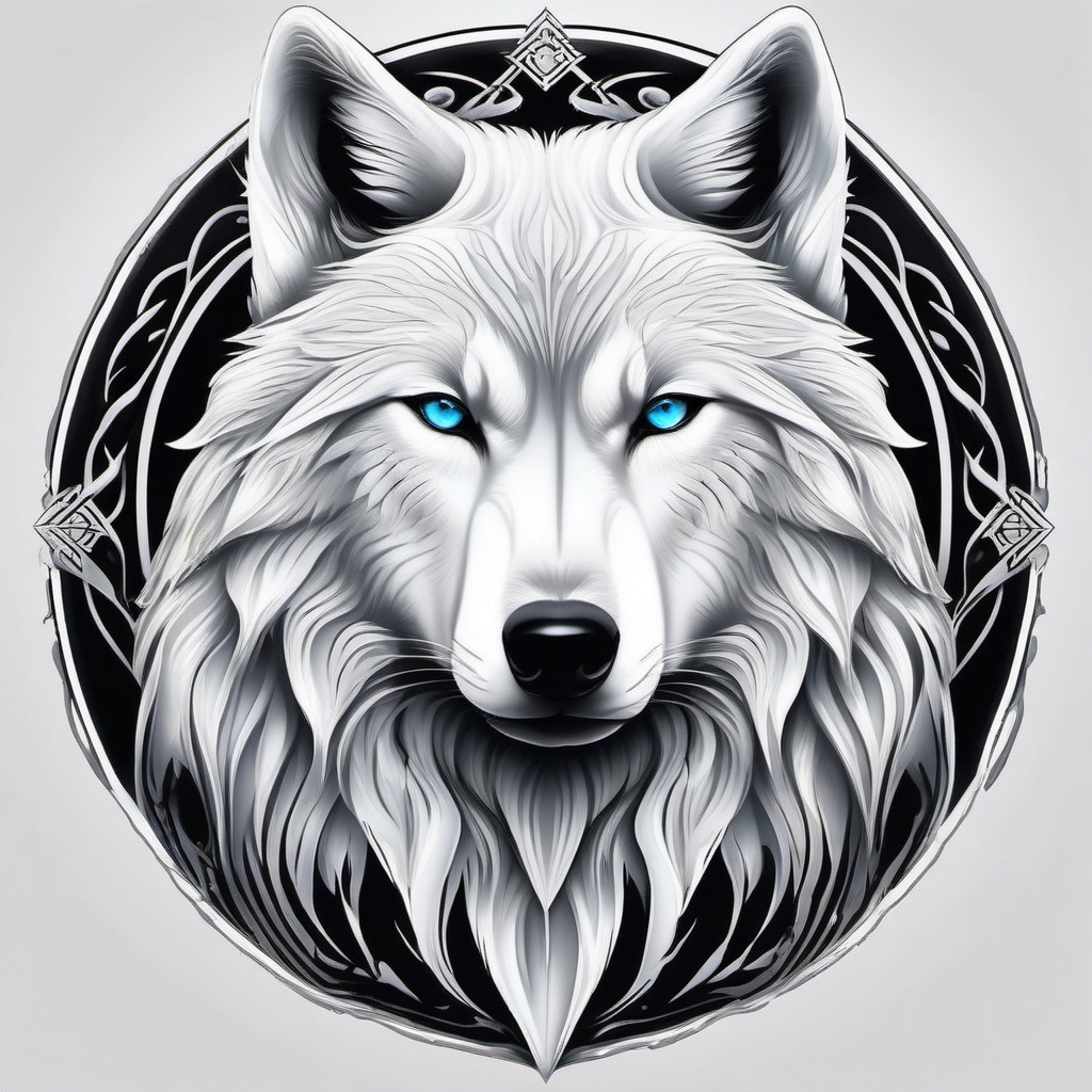 White Wolf Tattoo,tattoo depicting the pure and enigmatic white wolf, symbol of rare beauty and strength. , color tattoo design, white clean background