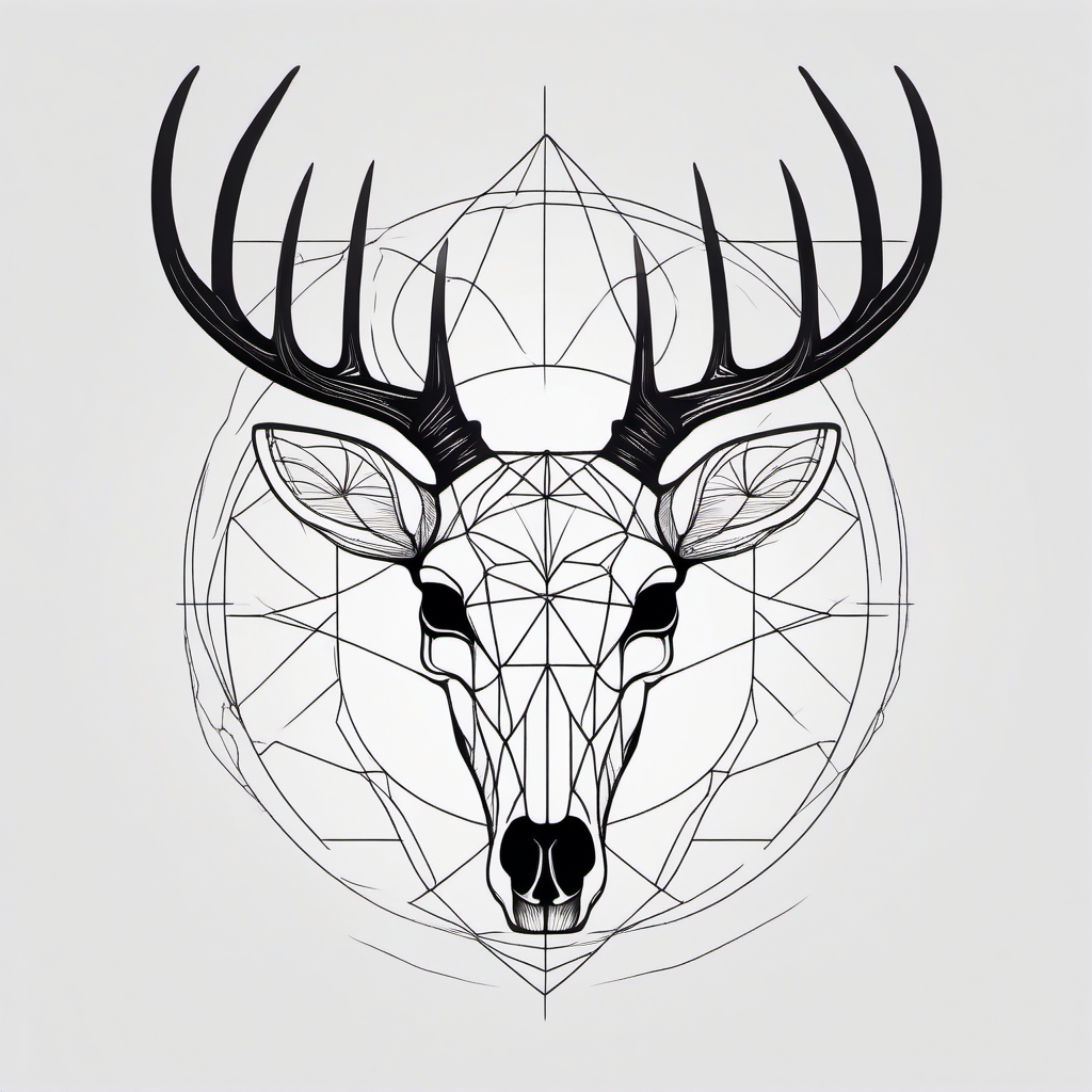 Basic deer skull with ethereal lines, minimalist and mystic.  black and white tattoo style