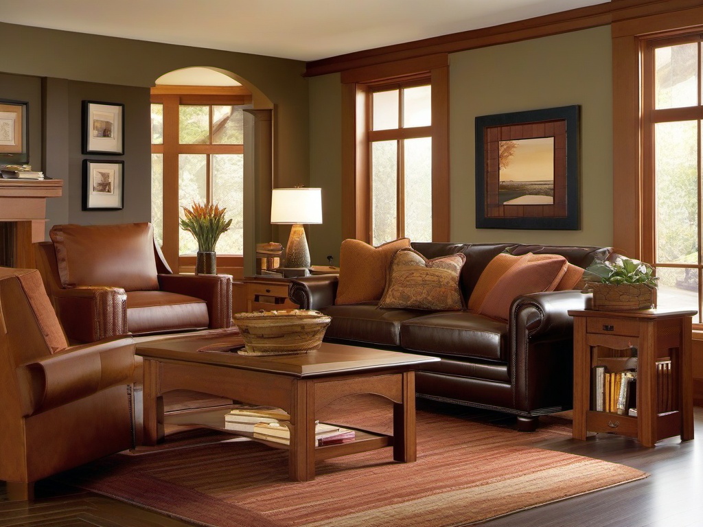 Craftsman living room emphasizes handcrafted furniture, earthy tones, and built-in details that create a warm, inviting space.  