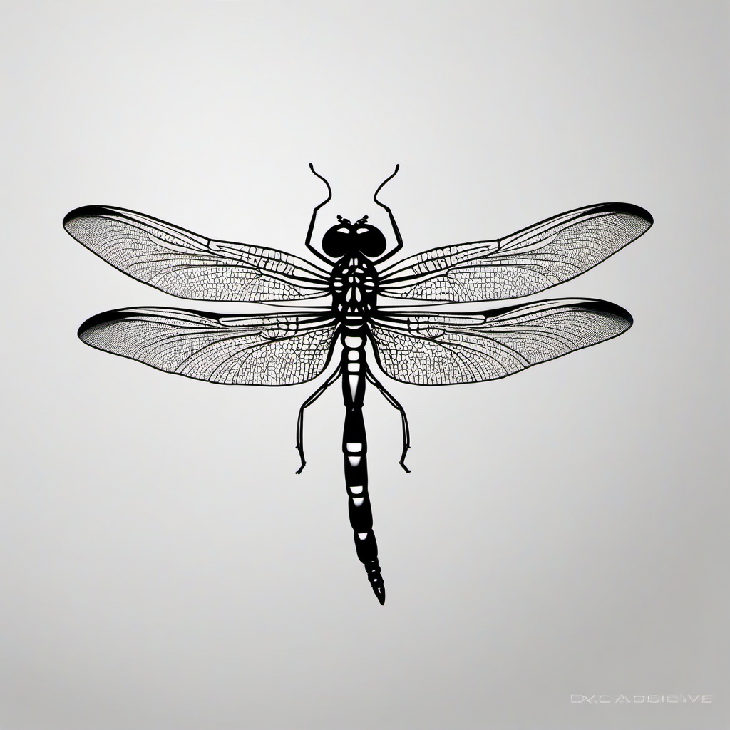 Dragonfly Black and White Tattoo - Tattoo featuring a dragonfly in a black and white color scheme.  simple color tattoo,minimalist,white background