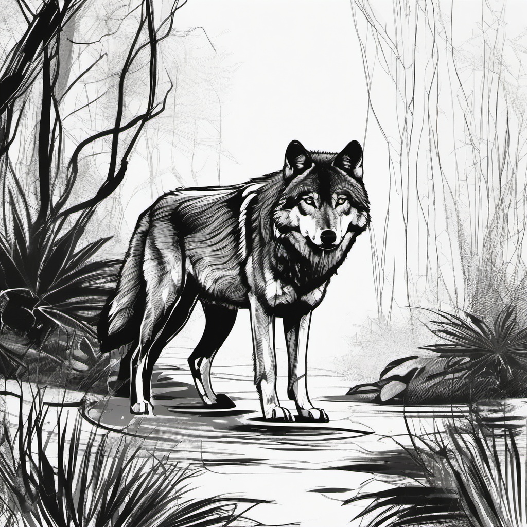 drawing of a wolf in jungle  minimal rough sketch scribbles,doodles,black and white