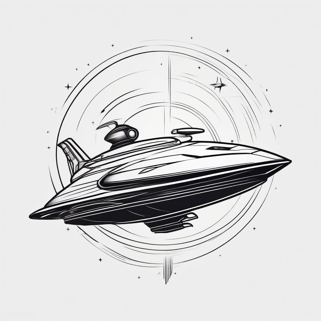 Spaceship Tattoo - A sleek spaceship tattoo embarking on a journey  few color tattoo design, simple line art, design clean white background