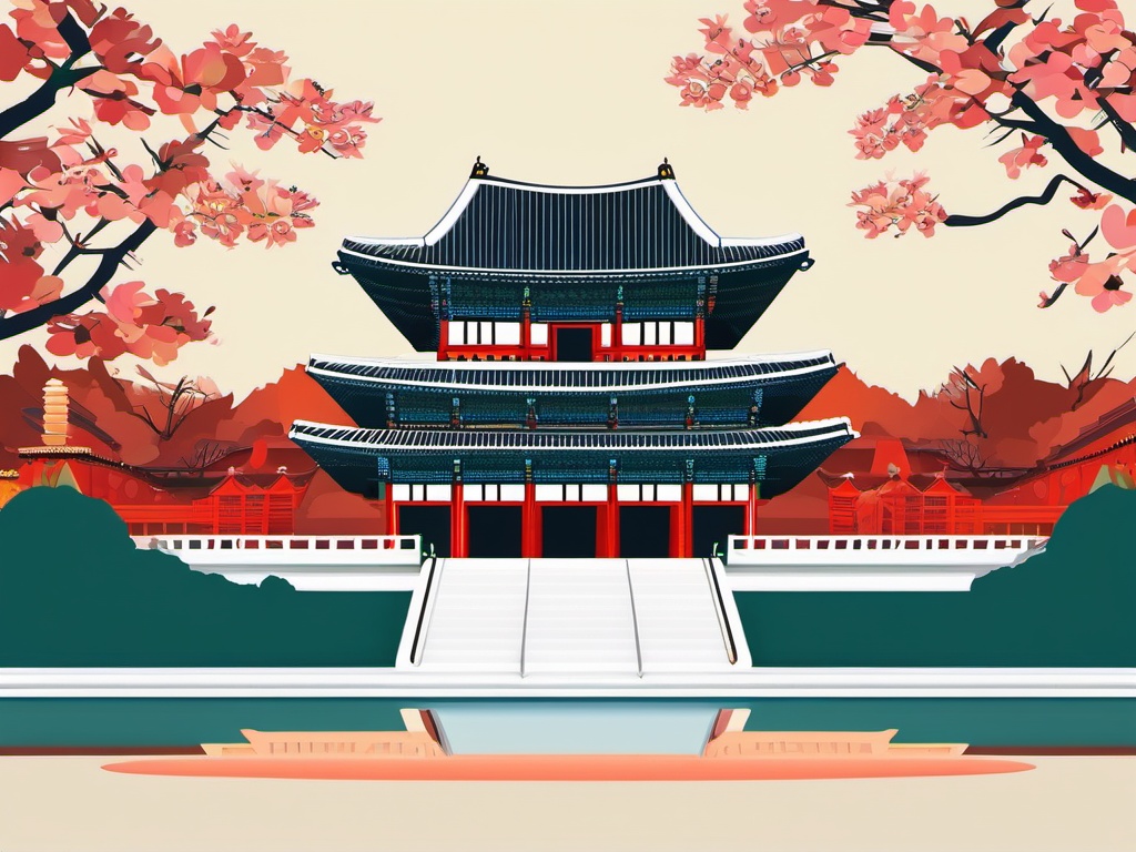 Seoul clipart - Gyeongbokgung Palace and Seoul skyline,  color vector clipart