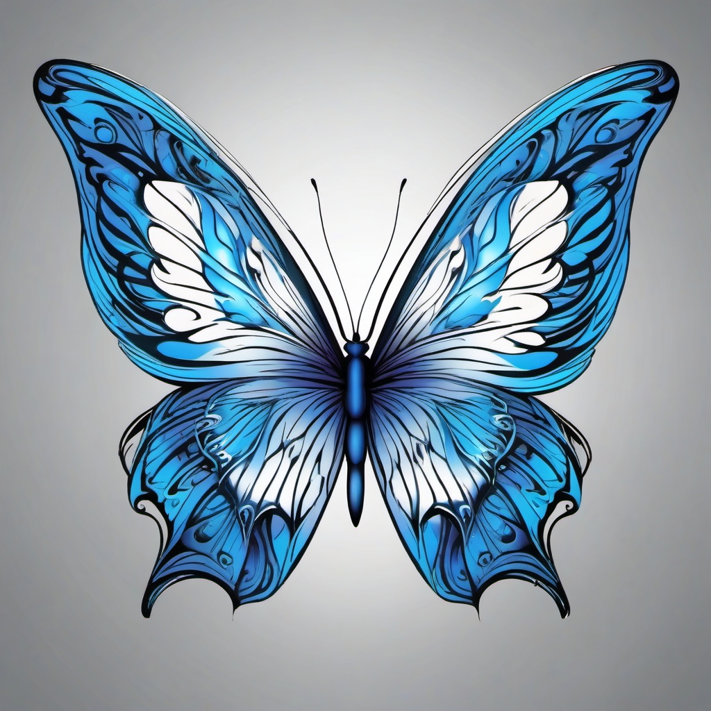 Elegant blue butterfly tattoo. Graceful wings in flight.  color tattoo, white background