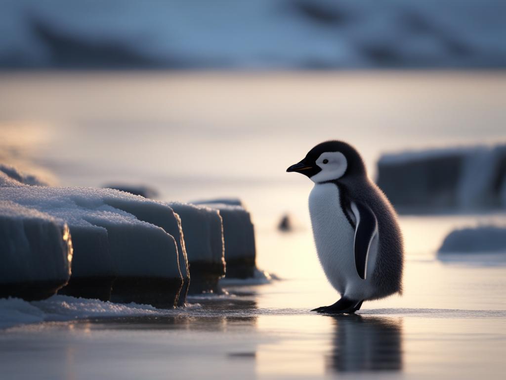 penguin chick waddling along an icy shoreline 8k ultrarealistic cinematic 