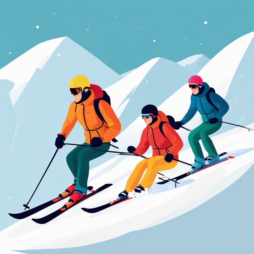 Snow Skiing Clipart - Skiers descending snowy mountain slopes.  color vector clipart, minimal style