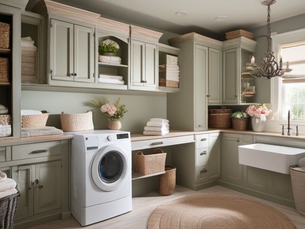 Shabby Chic laundry room features distressed cabinetry, romantic decor, and soft colors, offering a cozy and inviting retreat for laundry.  