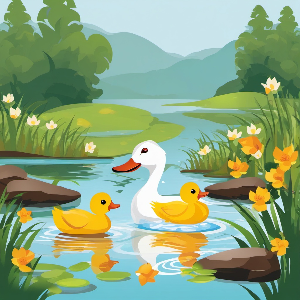 Duck Family clipart - Duck family wading in a pond, ,vector color clipart,minimal