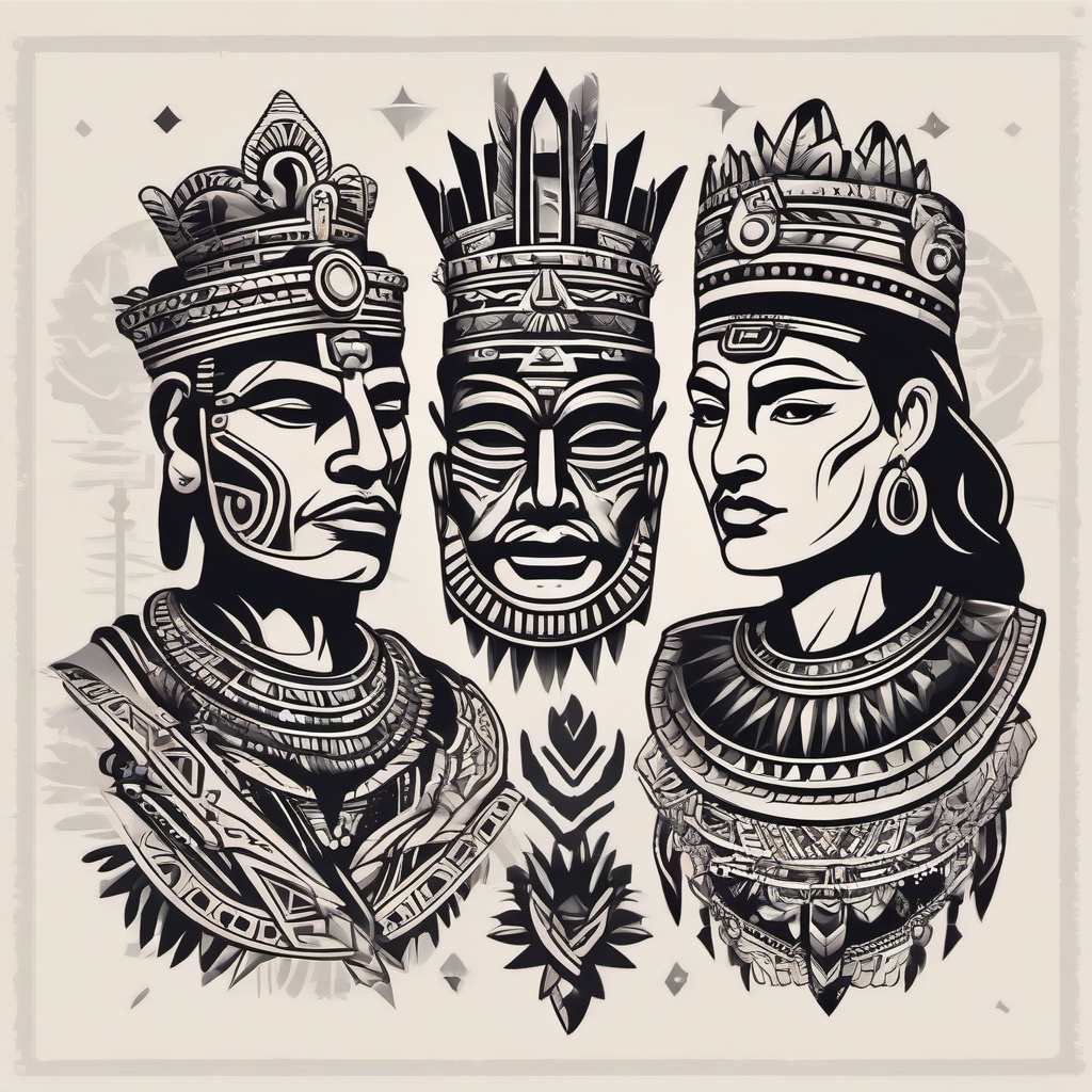 Aztec King and Queen Tattoos - Infuse Aztec elements into your royal ink.  minimalist color tattoo, vector