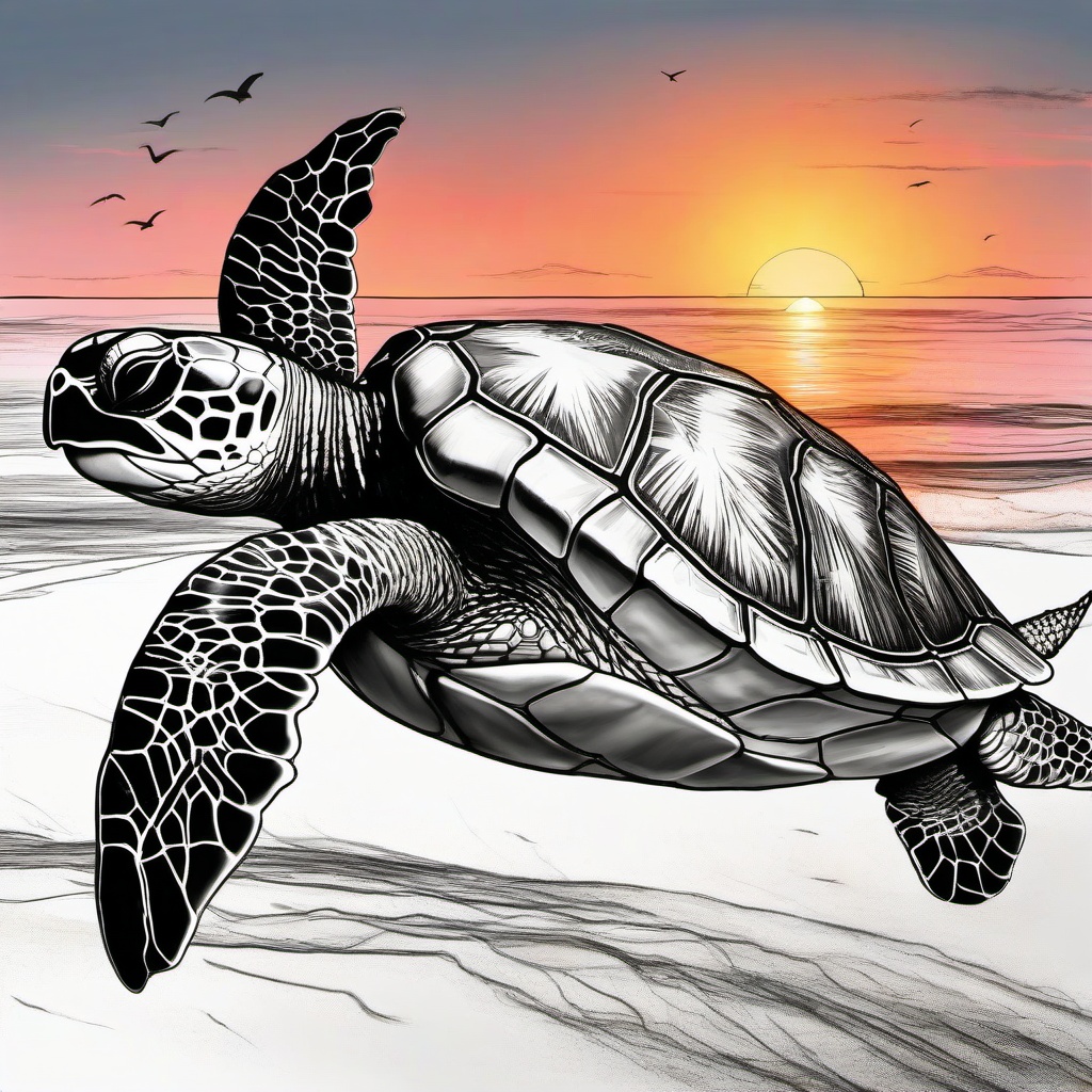 drawing of a sea turtle with a sunset  minimal rough sketch scribbles,doodles,black and white