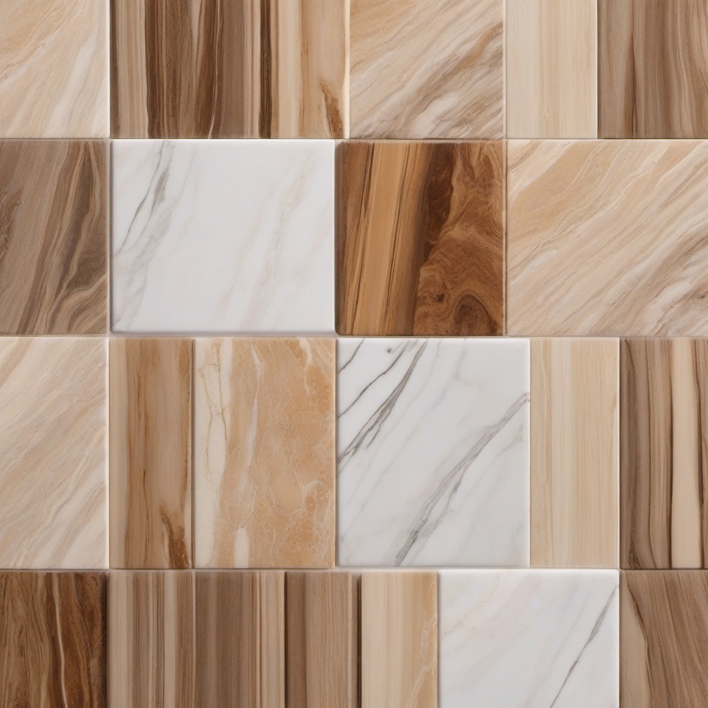 Marble and travertine wood-look tile arrangement top view, product photoshoot realistic background, hyper detail, high resolution