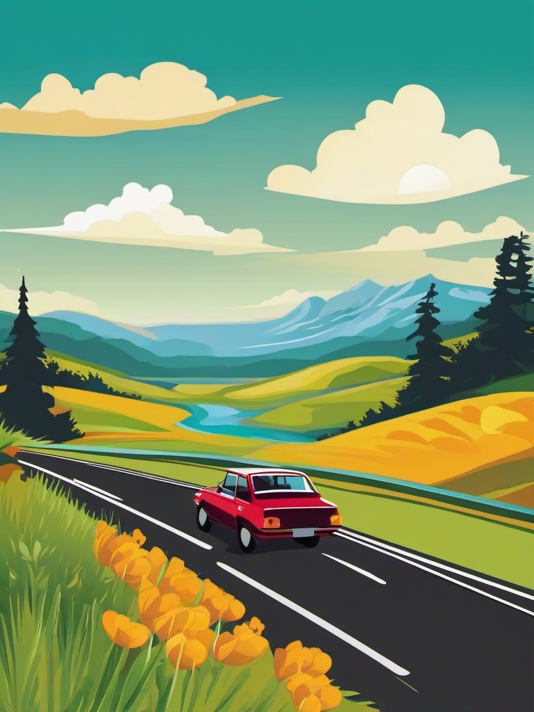 Car clipart - car driving through a scenic landscape  