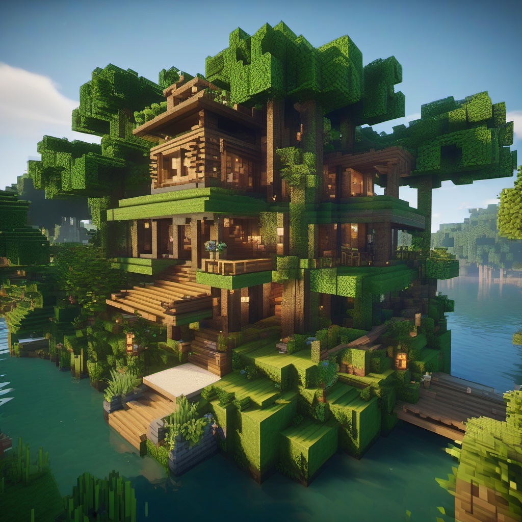 Waterfront jungle house in a fantasy cottagecore style that blends in with the jungle trees and bamboo - minecraft house design ideas minecraft block style 