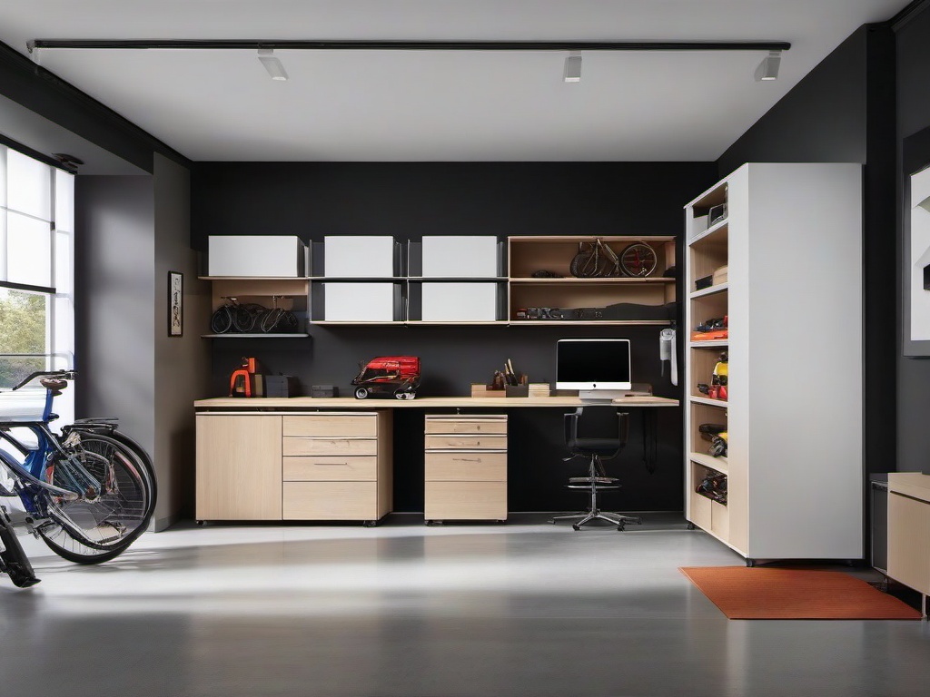 Bauhaus garage emphasizes sleek storage solutions, practical workstations, and a clean, organized layout, maximizing both function and visual harmony.  