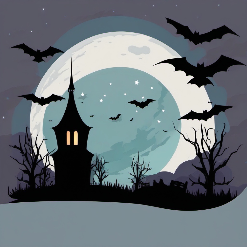 Spooky Night clipart - Eerie night with a full moon, ,vector color clipart,minimal