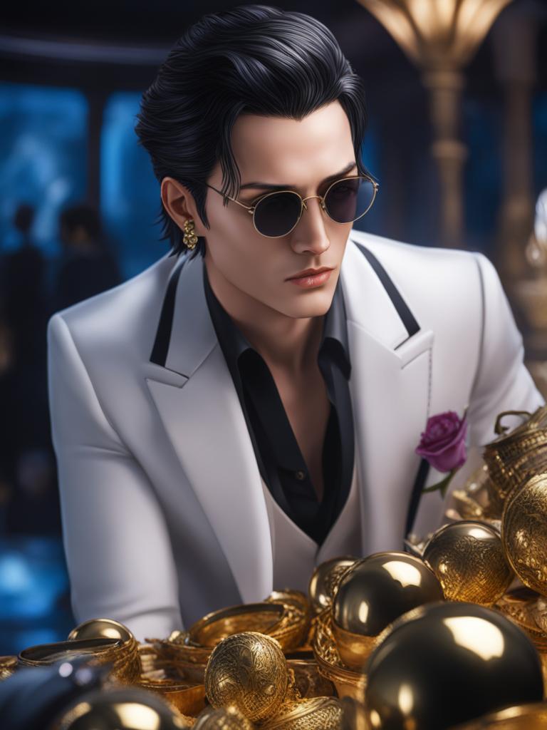 chrollo lucilfer,engaging in a thrilling heist of priceless artifacts,a lavish museum gala hyperrealistic, intricately detailed, color depth,splash art, concept art, mid shot, sharp focus, dramatic, 2/3 face angle, side light, colorful background