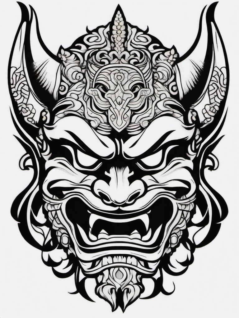 japanese oni mask tattoo design  simple color tattoo,white background,minimal