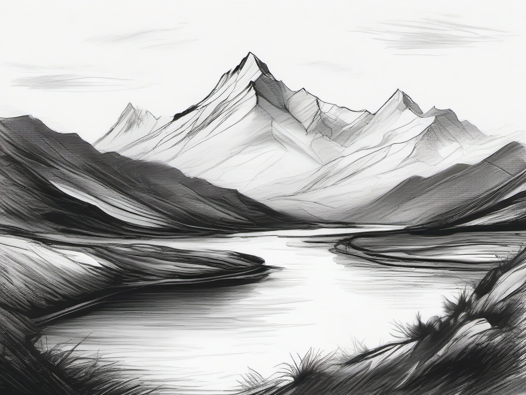 drawing of a mountain with a river  minimal rough sketch scribbles,doodles,black and white