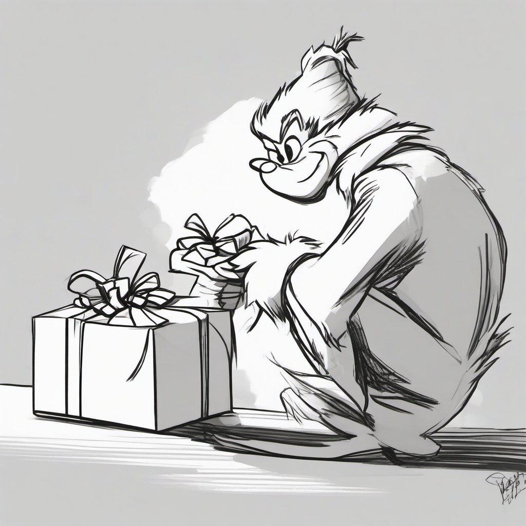 drawing of The Grinch stealing presents  minimal rough sketch scribbles,doodles,black and white