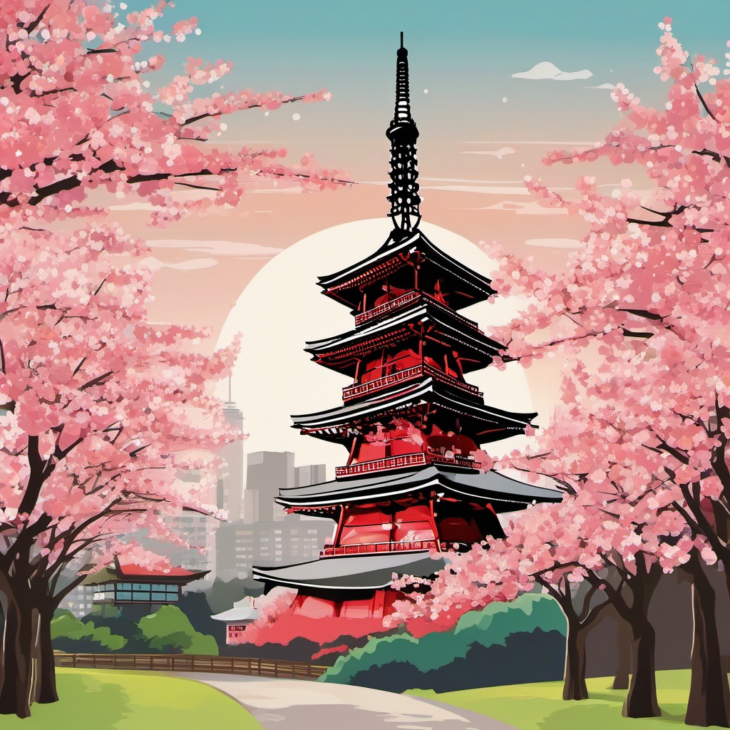 Tokyo clipart - Tokyo Tower and Cherry Blossoms in Japan,  color vector clipart