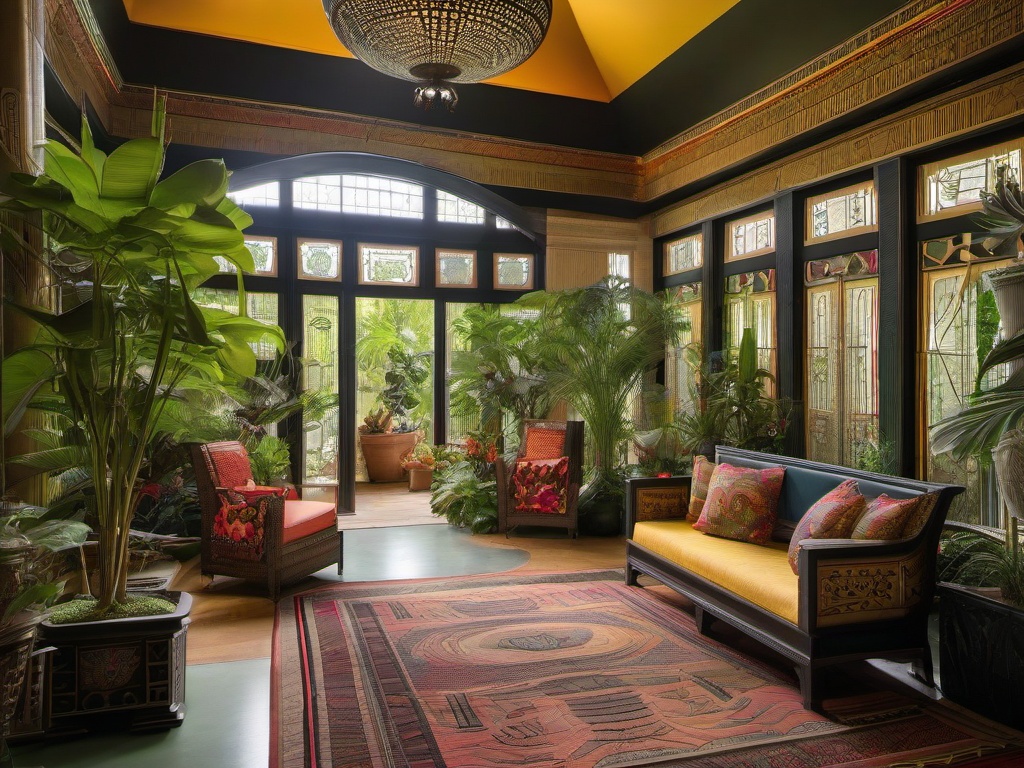 The garden room showcases Egyptian Revival interior design with bold planters, intricate furniture, and vibrant decor that brings history and beauty into indoor gardening.  