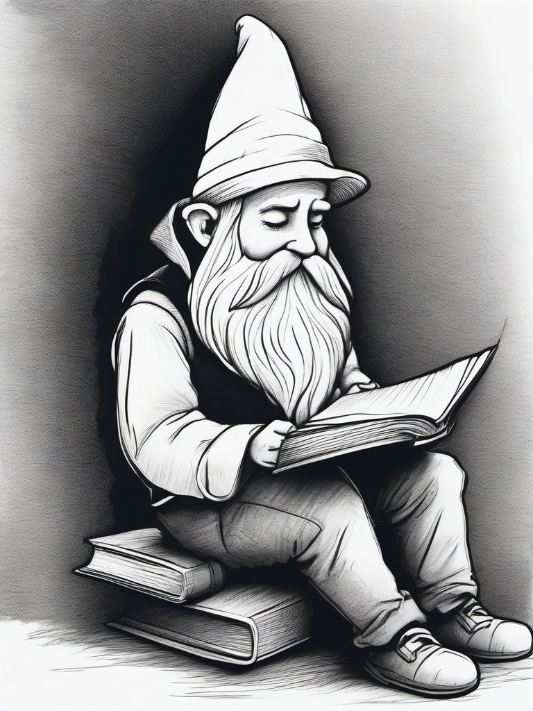 drawing of a gnome reading a book  minimal rough sketch scribbles,doodles,black and white