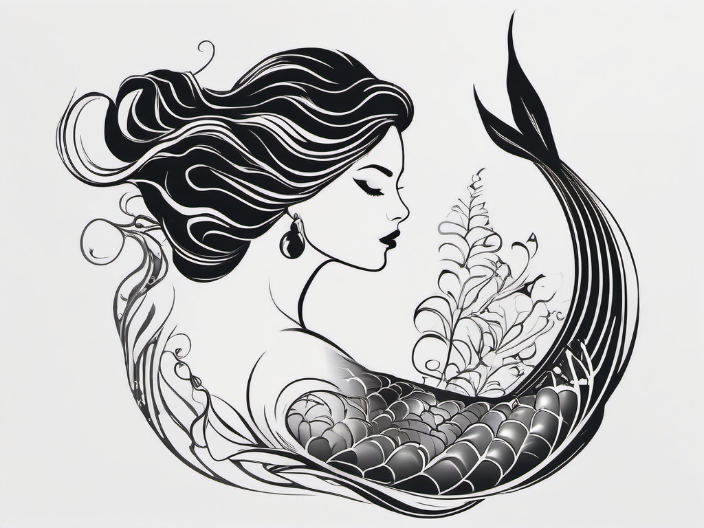 Black and White Mermaid Tattoo - Keep it classic and timeless with a black and white mermaid-themed tattoo.  simple vector color tattoo,minimal,white background