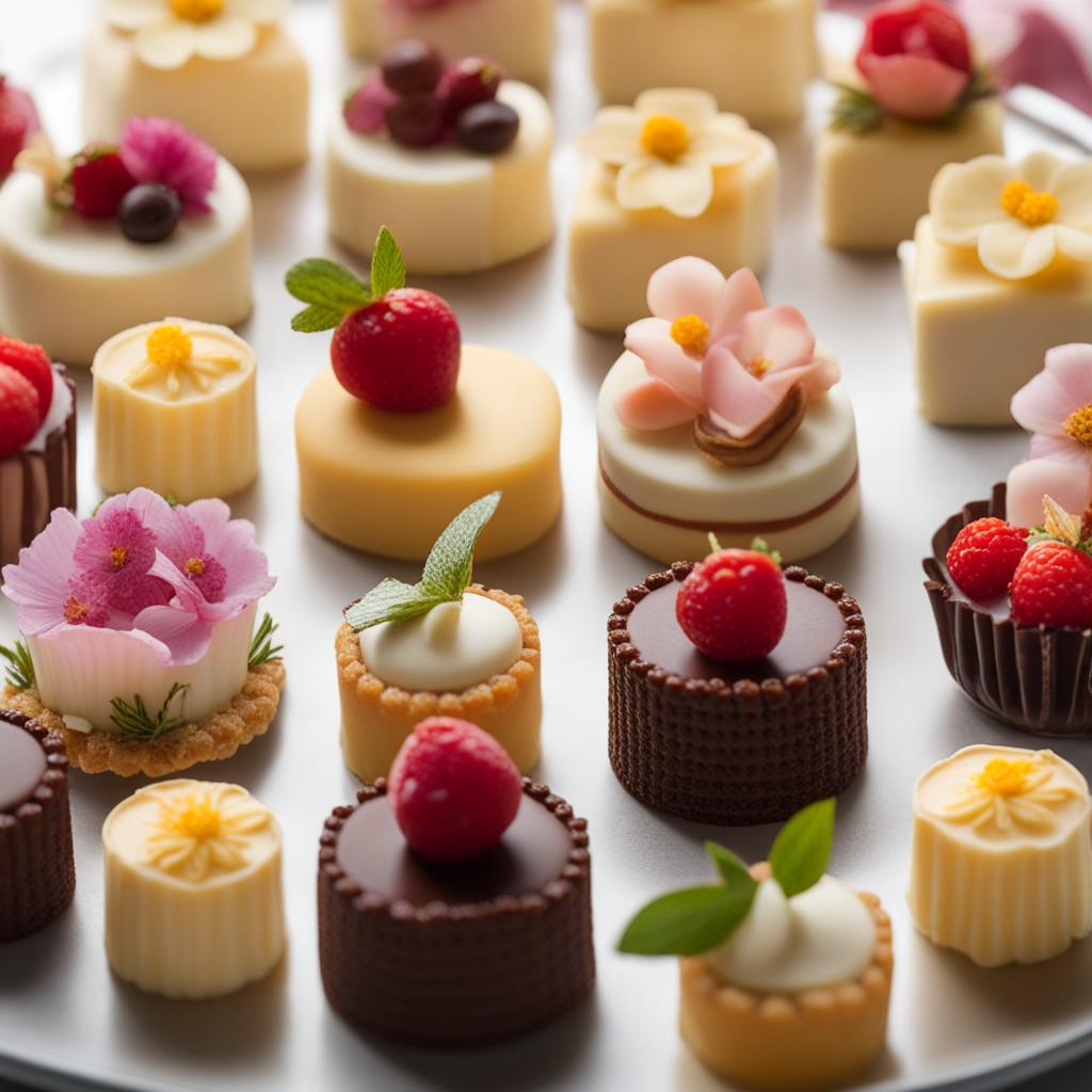 a platter of dainty petit fours, each a bite-sized work of edible art with intricate decorations. 