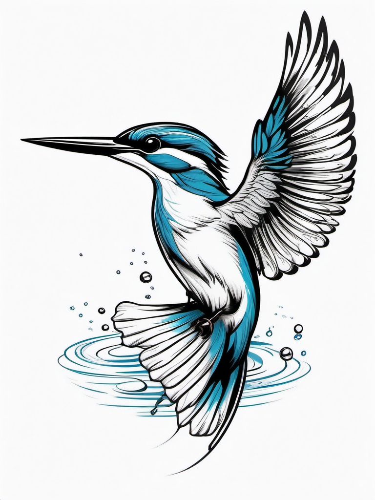 Kingfisher Tattoo - Kingfisher diving into the water to catch a fish  few color tattoo design, simple line art, design clean white background