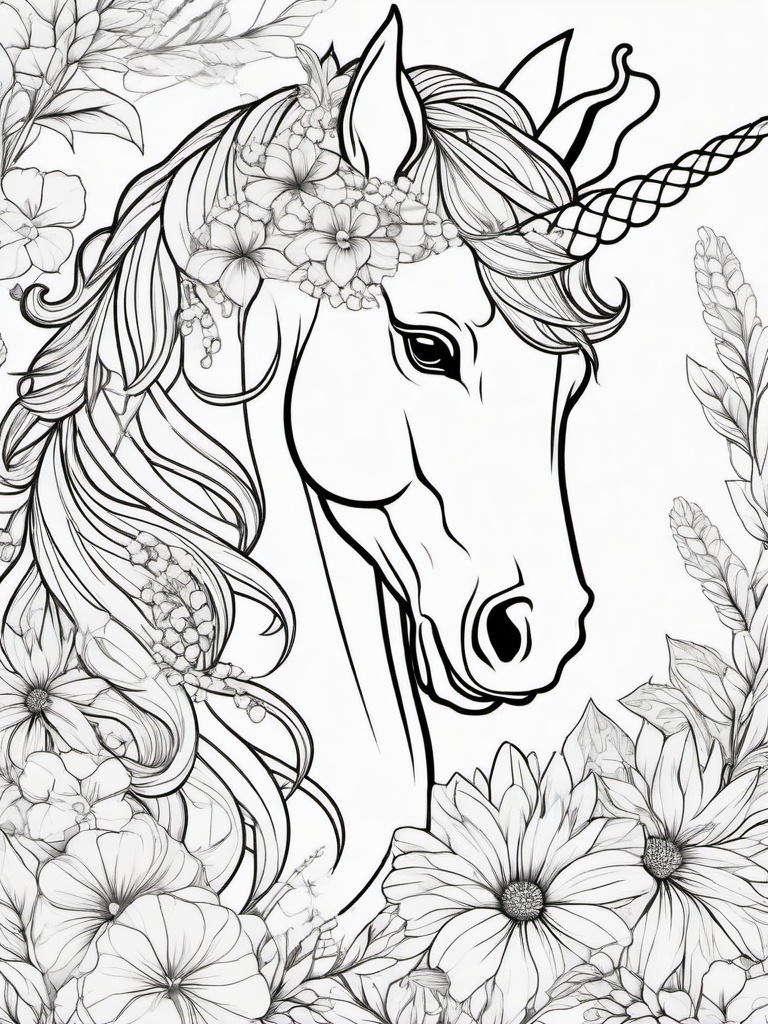 Unicorn in a Garden Coloring Pages - Beautiful Unicorn Among Colorful Flowers  minimal black outline printable sheet, coloring page