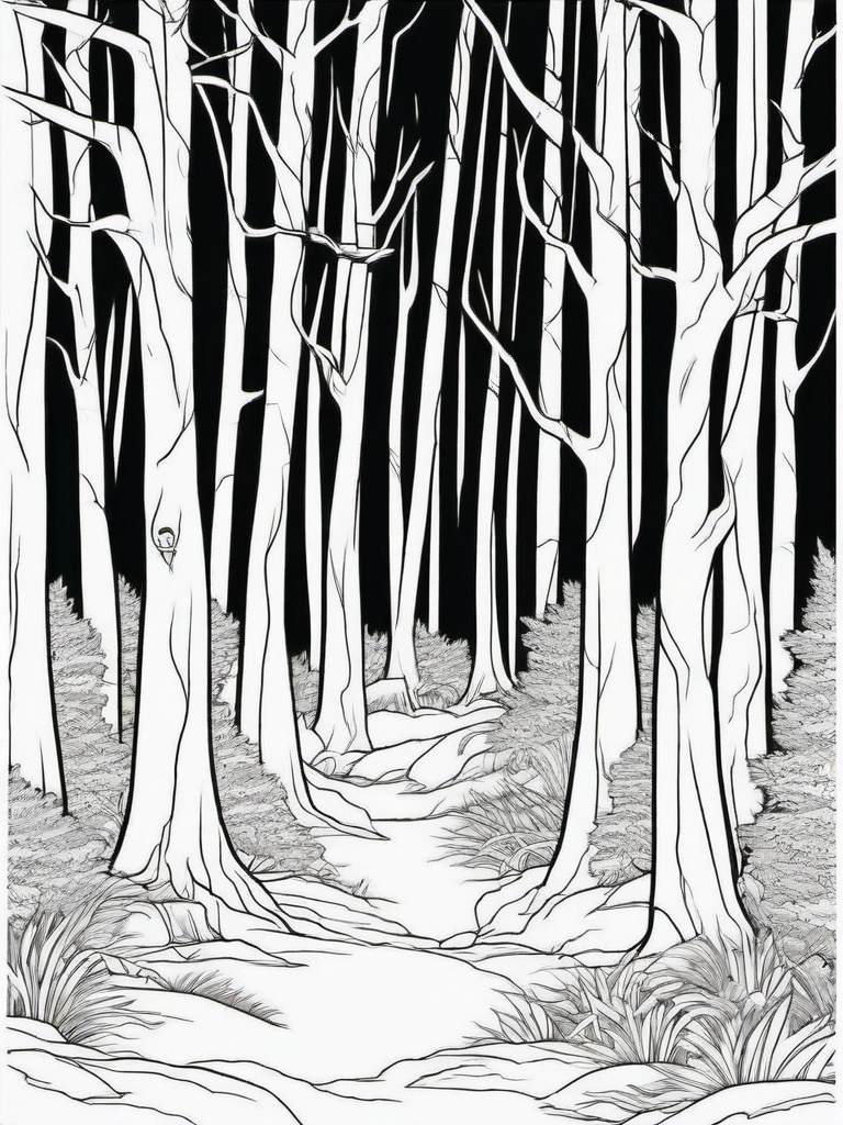 Horror Coloring Pages - Creepy forest with bare trees and fog  simple coloring pages